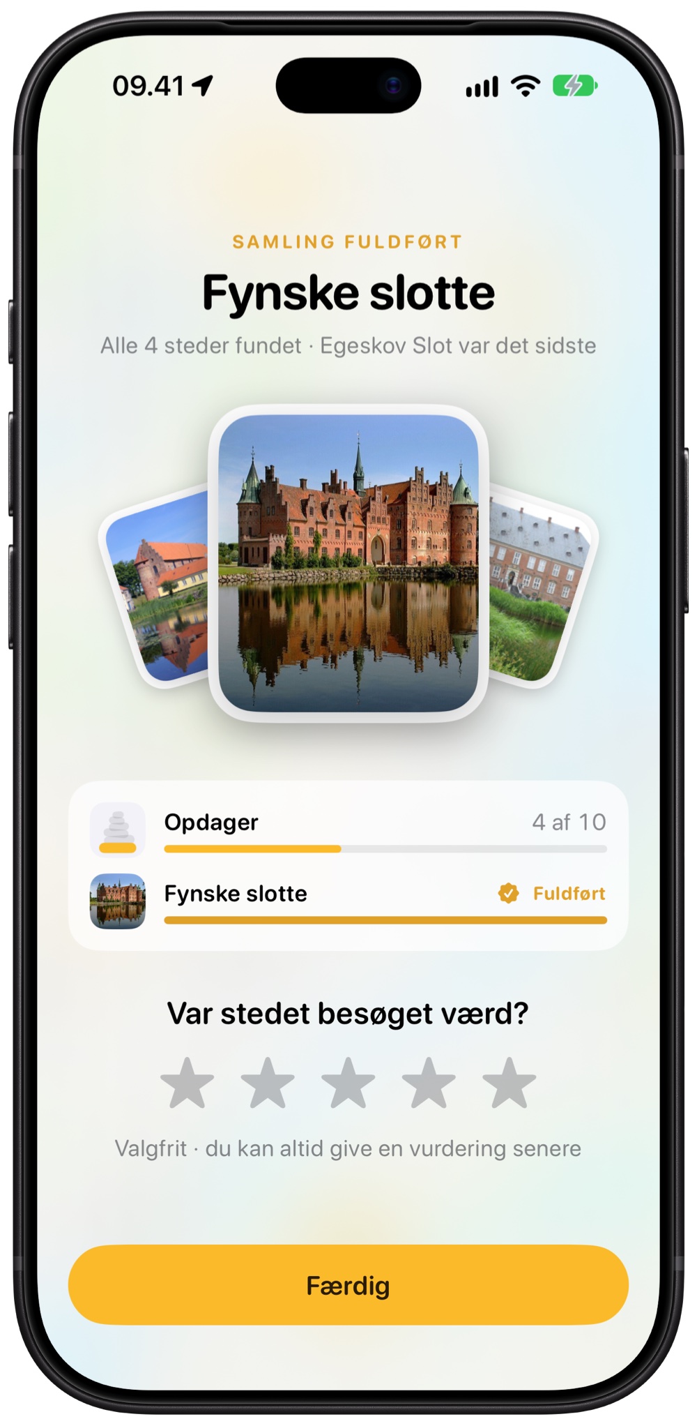 Samlingen Fynske slotte er fuldført, med Egeskov Slot som det sidste fund.