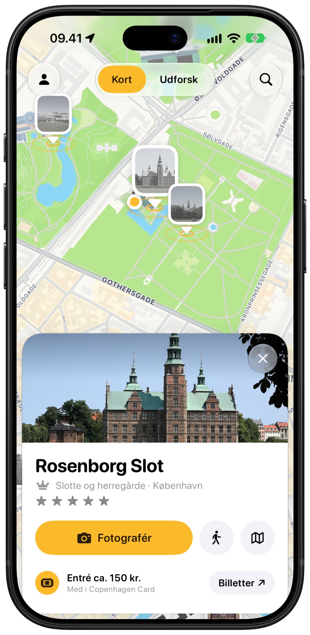 Rosenborg Slot åbnet på kortet med knappen Fotografér, gåruten og prisen for entré.